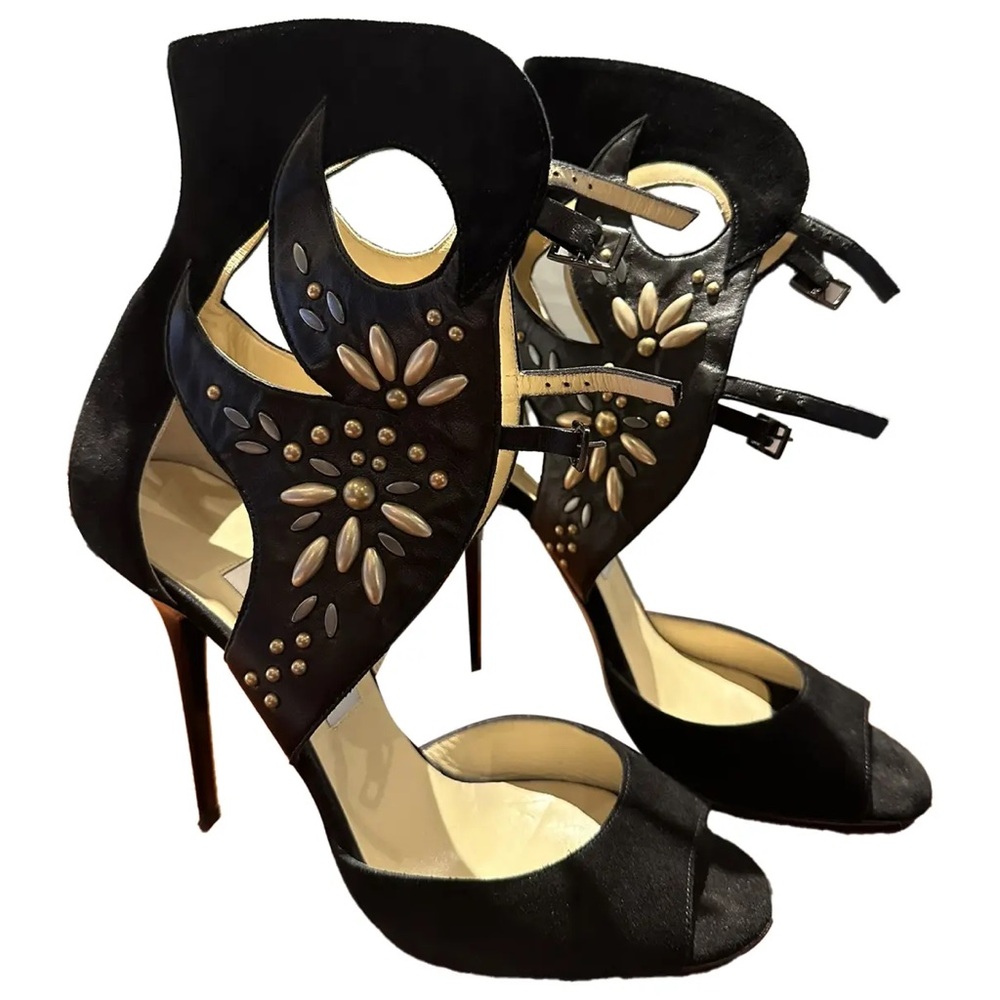 Jimmy Choo Studded Buckle Black Leather Suede Designer Stiletto Heels